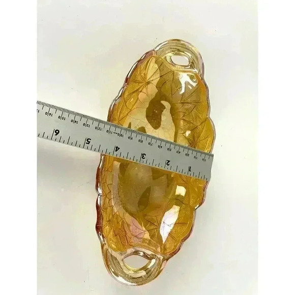 VTG Indiana Carnival Glass Marigold Trinket Dish Handles Embossed Floral Oval - Picture 10 of 11